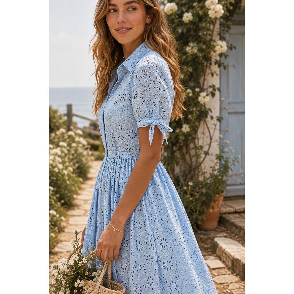 J.Crew Re-Imagined Blue Eyelet Midi Maxi Dress Button Front Cottagecore Coastal - Picture 2 of 16
